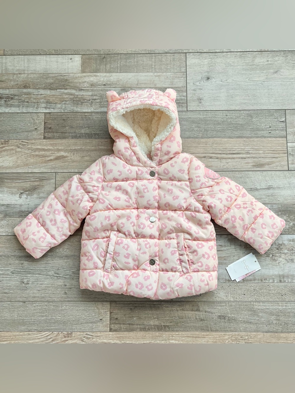 NWT Jessica Simpson Girls Pink Leopard Puffer Coat Size 24 Months